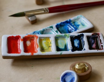 USA Made Handmade Ceramic Medium 6-Pan Paint Palette, Watercolor Artist Gift Set, Optional Paint Water Cup, Christmas gifts for mom, for her