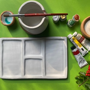 Handmade Ceramic 4-Pan Paint Palette Set, Artist Gift, Brush Rest + mixing dish, gift for artist