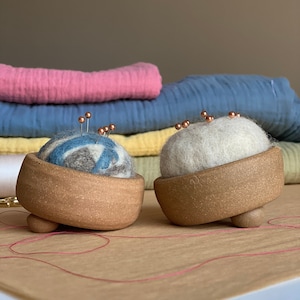 Handmade Minimalist Pin Cushion with Feet in Ceramic Vessel, mending kit, Organic Wool, Gift for sewist, seamstress, crafter, embroiderer