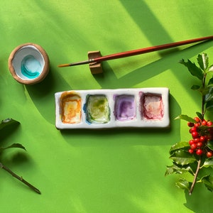 Watercolor 4-Pan Ceramic Paint Palette Gift Set, Watercolor Paint Brush Holder, Unique gift, stocking stuffer, Brush Rest