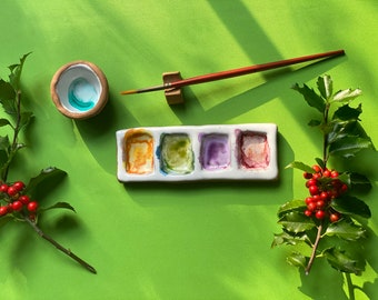 Watercolor 4-Pan Ceramic Paint Palette Gift Set, Watercolor Paint Brush Holder, Unique gift, stocking stuffer, Brush Rest