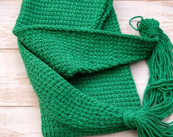 Bright Green Crochet Scarf with Tassels: Soft Acrylic Boho Wrap