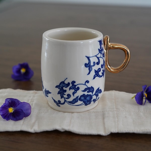 Handmade Porcelain Mug: Antoinette Blue Floral Design with Gold Handle