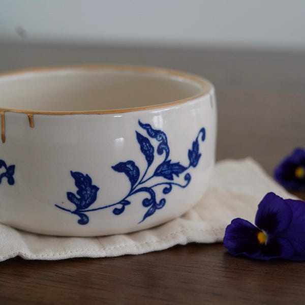 Handmade Porcelain Bowl: Blue Floral Design with Gold Rim