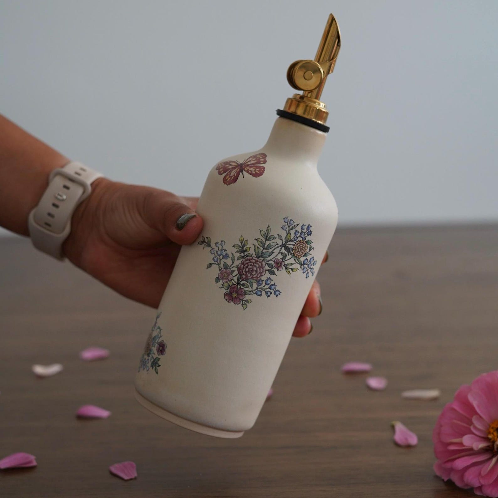 Floral Handmade Pottery Oil Bottle: Vintage Primavera Collection