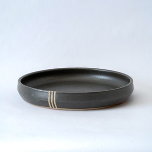 Black Ceramic Dinner Plate: Handmade Minimalist Stoneware with Stripes