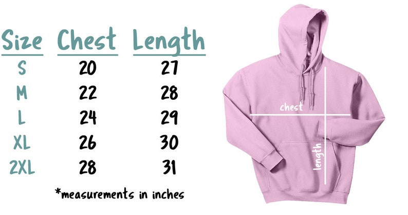 Op de afbeelding: Een lichtroze hoodie met een voorzak en capuchon. De afbeelding bevat een maattabel met borst- en lengtematen in centimeters: S (51 cm borst, 69 cm lengte), M (56 cm borst, 71 cm lengte), L (61 cm borst, 74 cm lengte), XL (66 cm borst, 76 cm lengte) en 2XL (71 cm borst, 79 cm lengte).