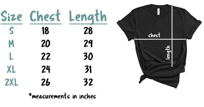 Op de afbeelding: Zwart T-shirt met maattabel en afmetingen in inches. Borstmetingen vari&euml;ren van 45.7 tot 66 cm en lengtemetingen van 71.1 tot 81.3 cm. De shirtmaten zijn S, M, L, XL en 2XL.