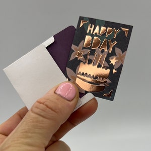 Handmade miniature birthday card and envelope 5cm (2inch) x 3.7cm(1.5inch). Mini / tiny birthday card