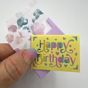 Handmade miniature birthday card and envelope 5cm (2inch) x 3.7cm(1.5inch). Mini / tiny birthday card