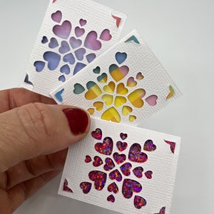 Mini card / tiny card and envelope heart burst design. Birthday Card, Gift tag, congrats card, valentines card. 5cm (2inch) x 3.7cm(1.5inch)