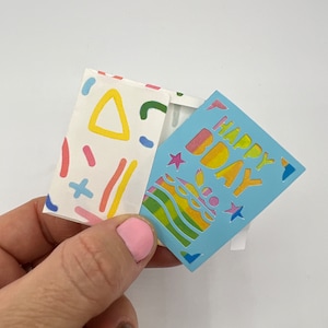 Handmade miniature birthday card and envelope 5cm (2inch) x 3.7cm(1.5inch). Mini / tiny birthday card