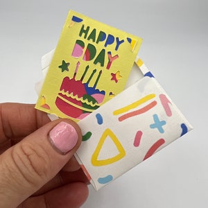 Handmade miniature birthday card and envelope 5cm (2inch) x 3.7cm(1.5inch). Mini / tiny birthday card
