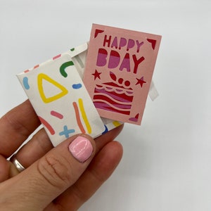 Handmade miniature birthday card and envelope 5cm (2inch) x 3.7cm(1.5inch). Mini / tiny birthday card