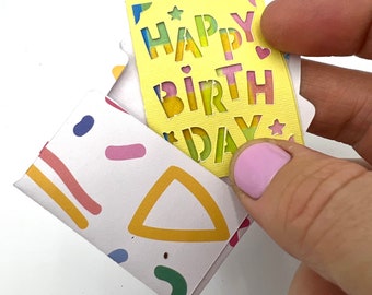 Handmade miniature birthday card and envelope 5cm (2inch) x 3.7cm(1.5inch). Mini / tiny birthday card