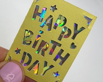 Handmade miniature birthday card and envelope 5cm (2inch) x 3.7cm(1.5inch). Mini / tiny birthday card