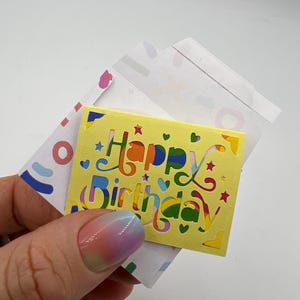 Handmade miniature birthday card and envelope 5cm (2inch) x 3.7cm(1.5inch). Mini / tiny birthday card