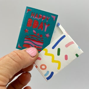 Handmade miniature birthday card and envelope 5cm (2inch) x 3.7cm(1.5inch). Mini / tiny birthday card