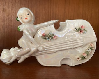 Vintage Lefton Japan Lustre Pixie on violin planter