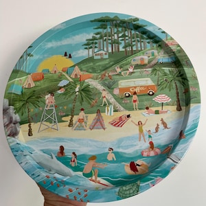Retro tin tray with funky Aussie beach and camping scenes