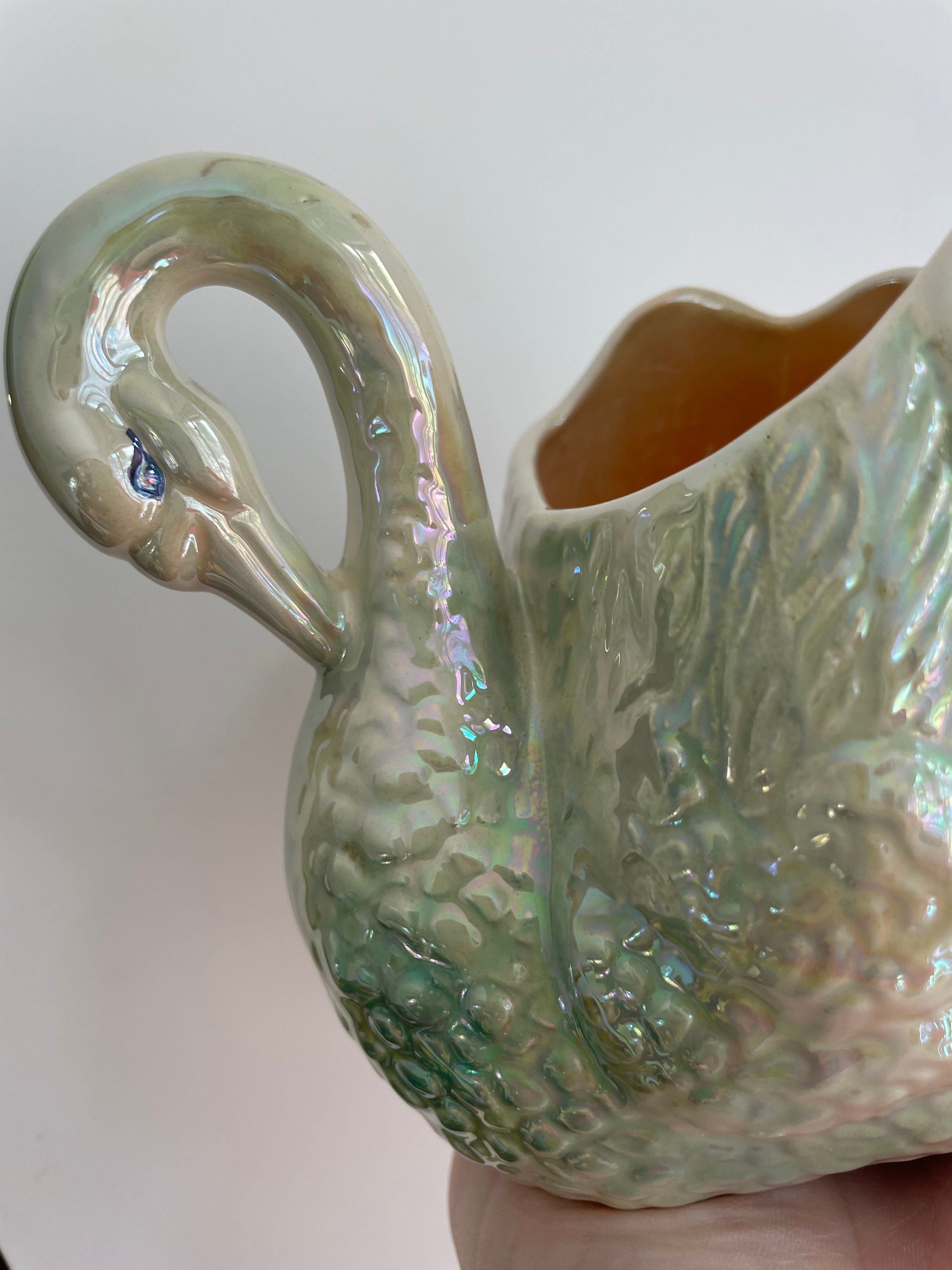 Vintage Green Lustreware Hollyware Swan Planter Vase