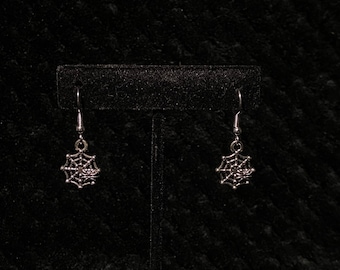 silver spiderweb dangly earrings