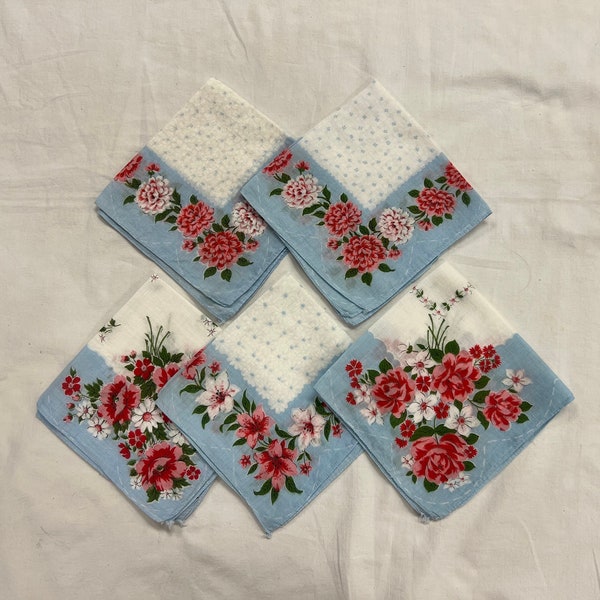 vintage lot of 5 five Handkerchiefs hankies flowers wedding crafts pink blue red white justwhatyourelookin4