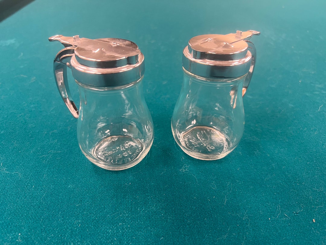 Syrup Dispenser Pitcher Clear Glass With Silver Top Molded Glass