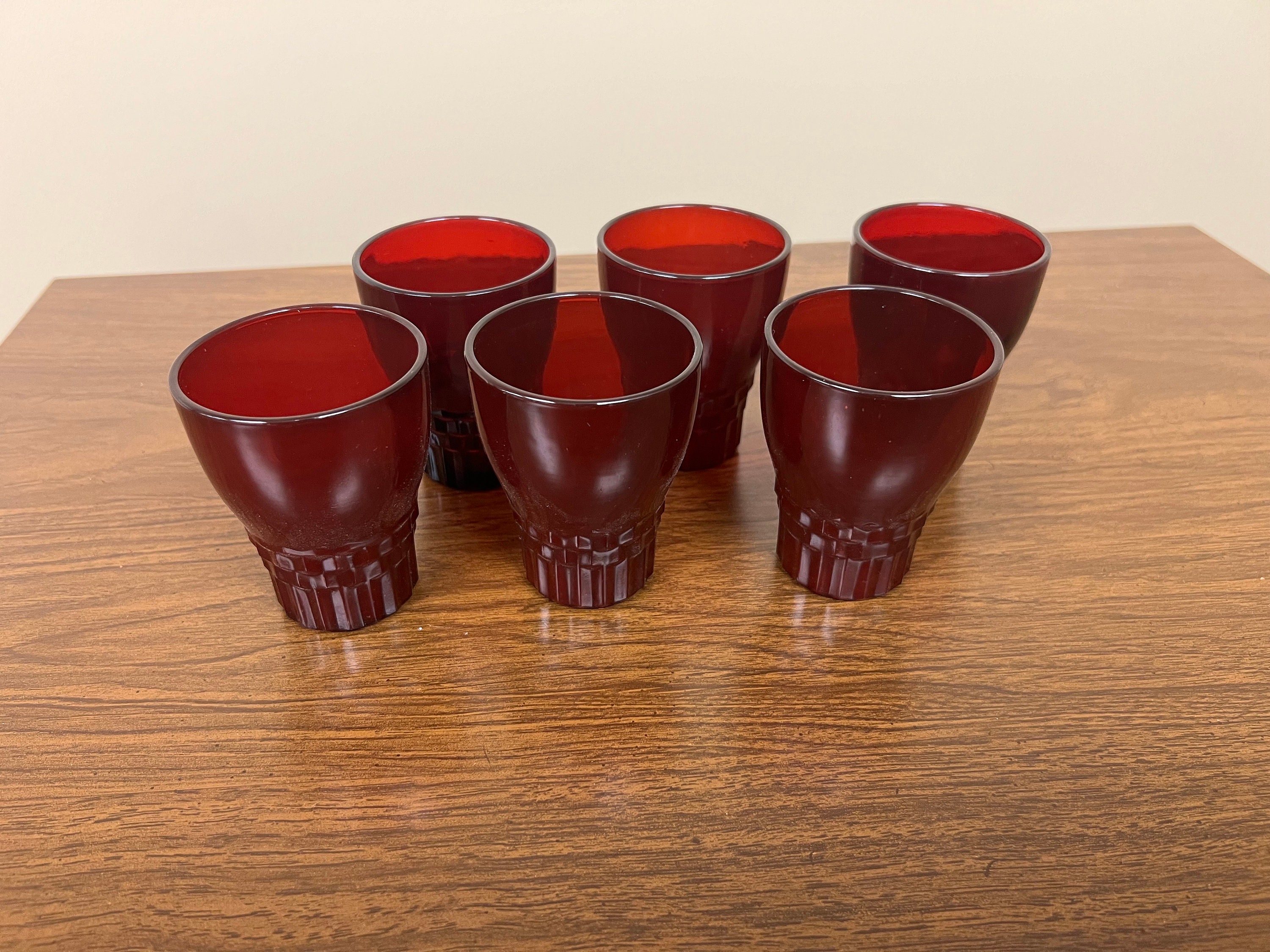 Vintage Mid Century Ruby Red Dimpled Juice Glasses Small Tumblers