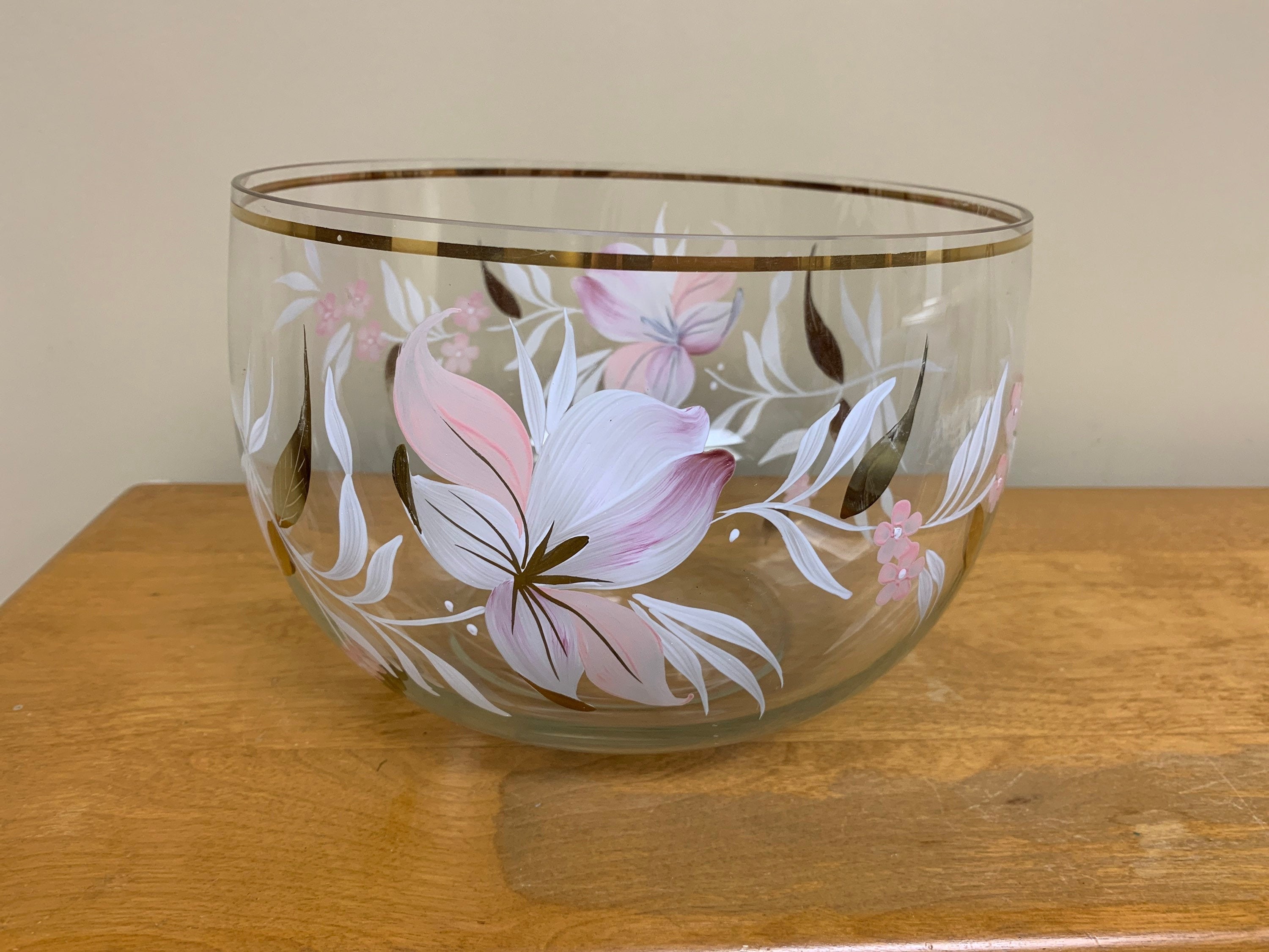 Vintage bowl salad bowl clear glass hand painted flowers gold Etsy