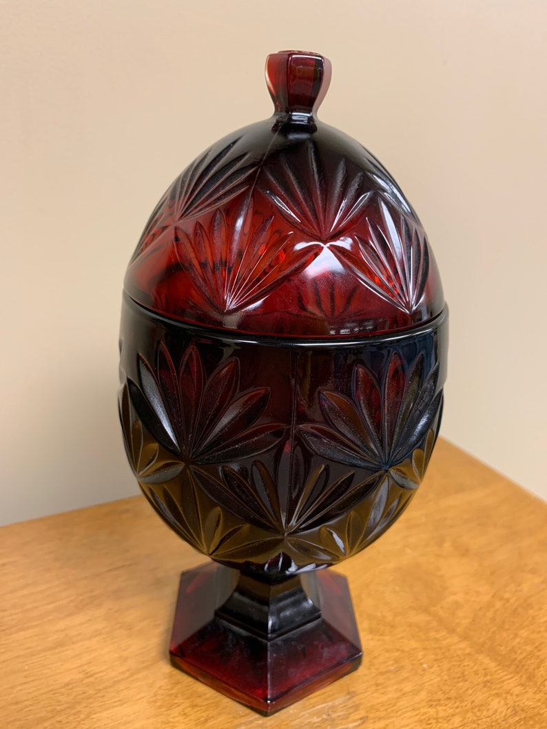 Vintage Ruby Red Pedestal Candy Dish With Lid Luminarc Egg Etsy
