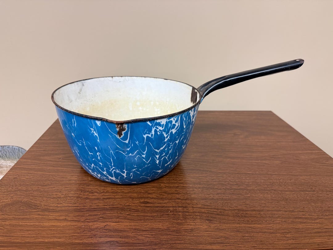 Vintage Blue Spatterware Enamel Pan With Handle, Metal Rustic Primitive ...