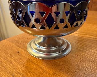 Vintage antique sugar bowl:  cobalt blue and silver, footed compote