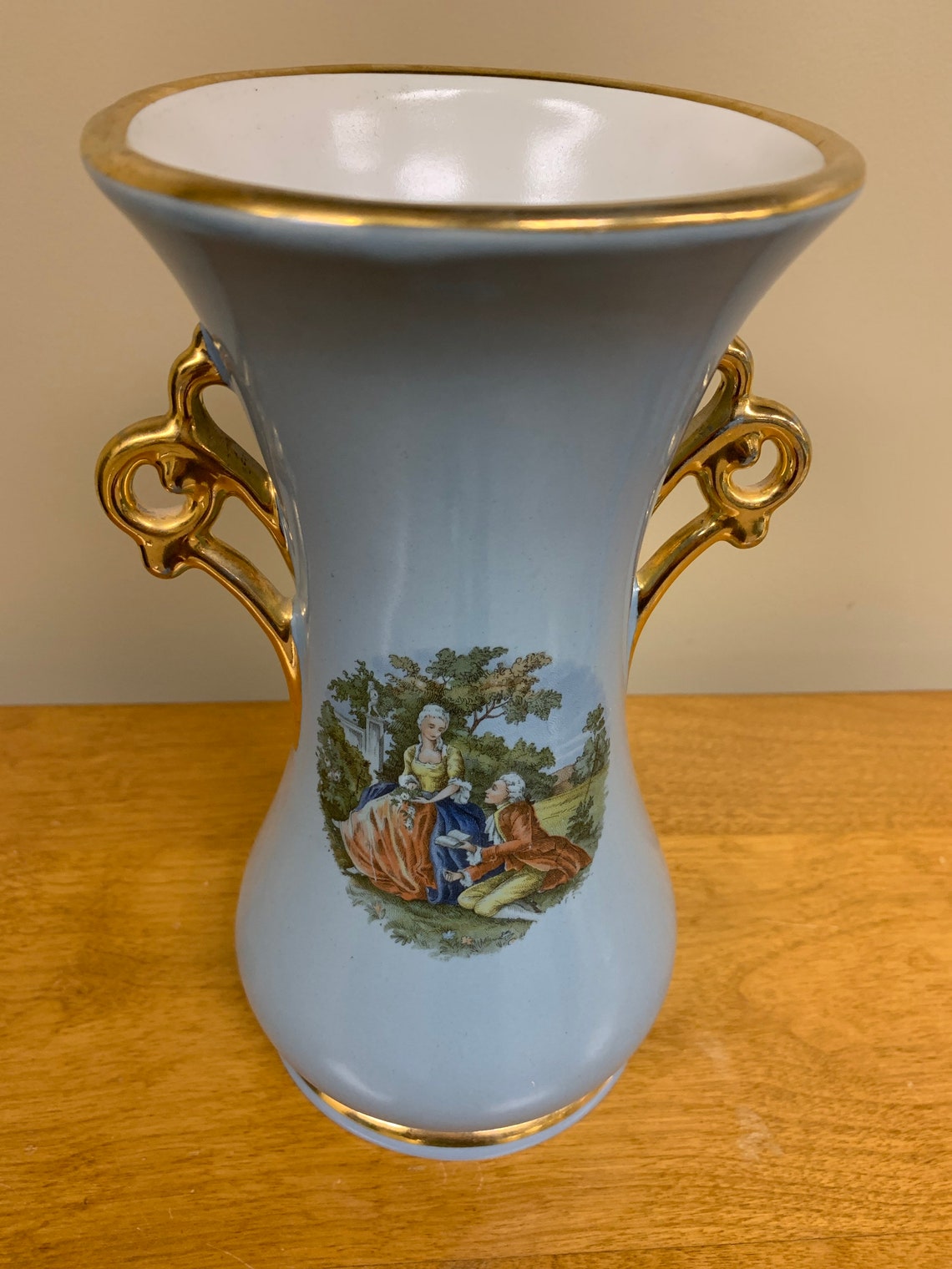 Vintage Abingdon USA ceramic pottery vase blue with gold trim Etsy