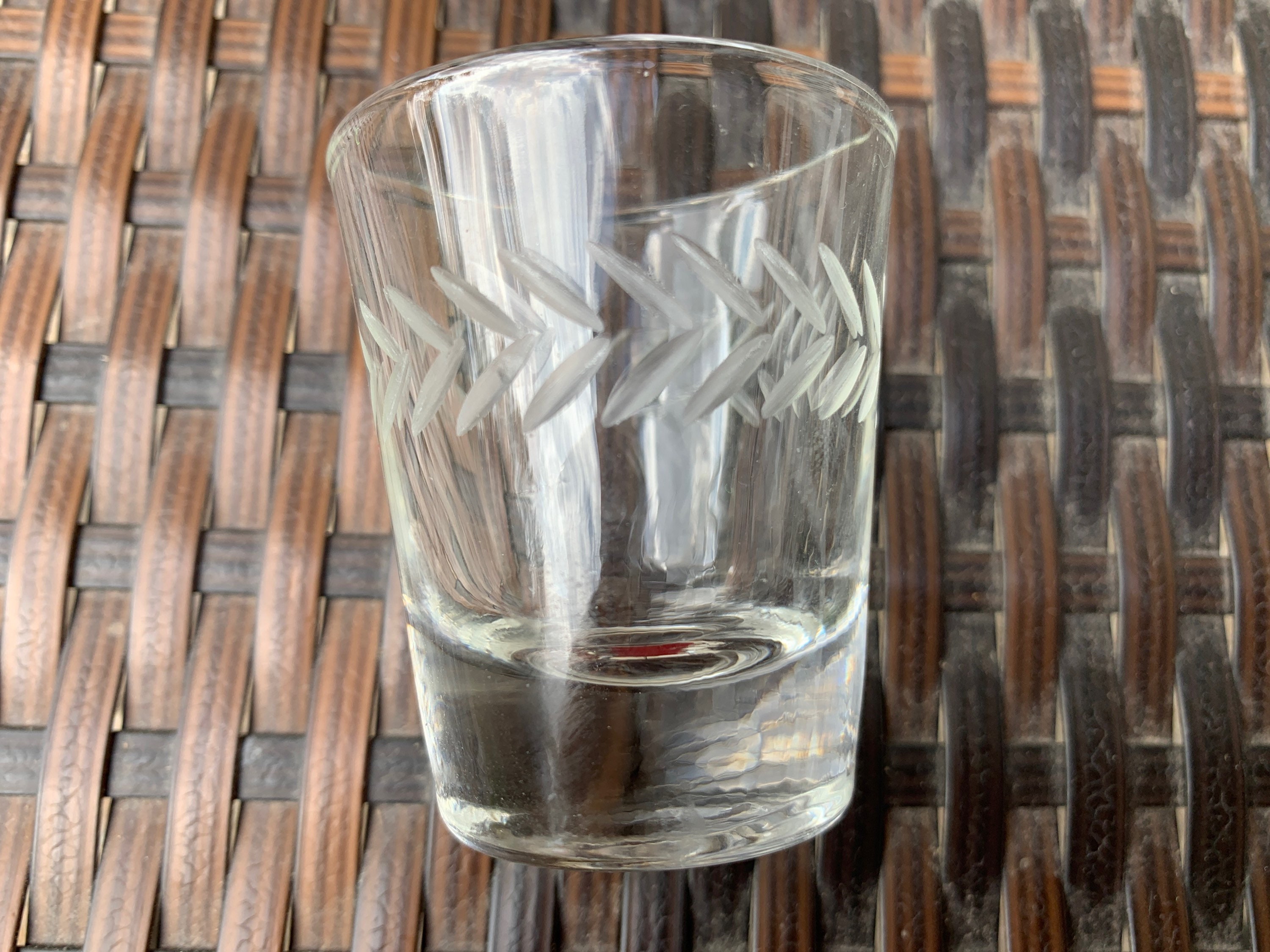 Vintage clear etched shot glasses barware set of two Leaf Etsy