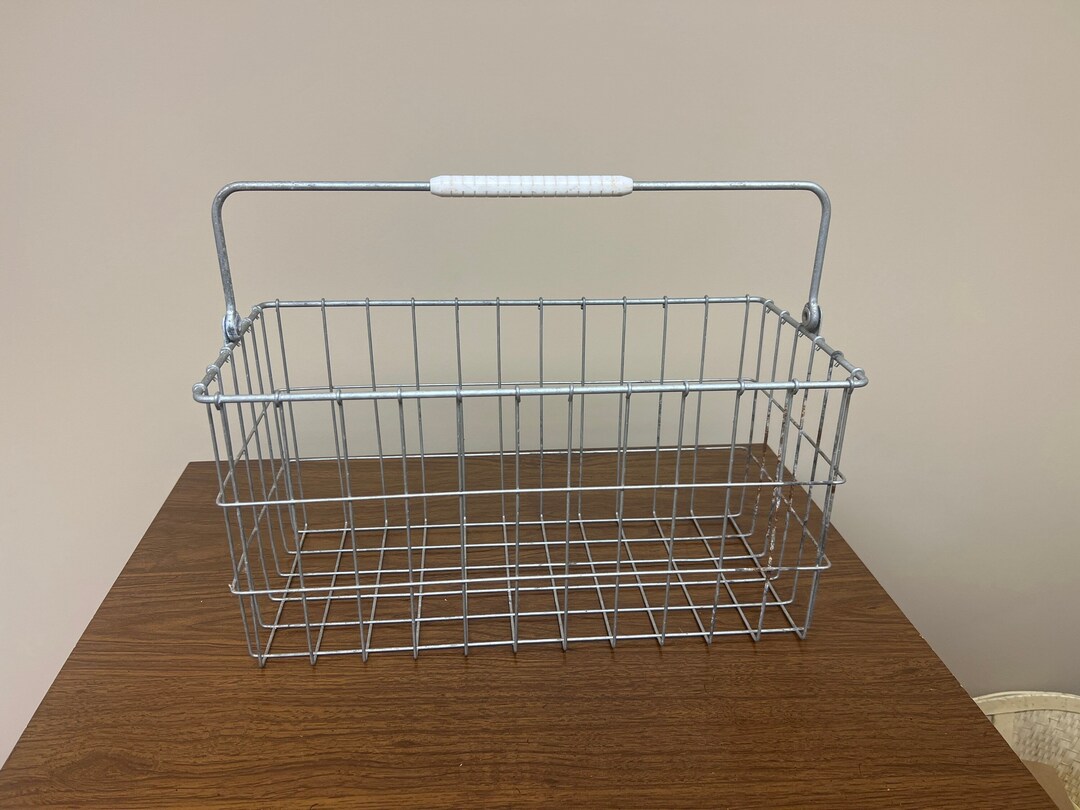 Vintage Wire Metal Milk Crate Basket White Handle Rustic Etsy