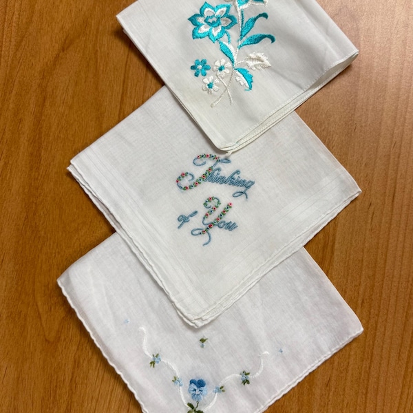 3 vintage hankies, white blue flowers, embroidered THINKING OF YOU
