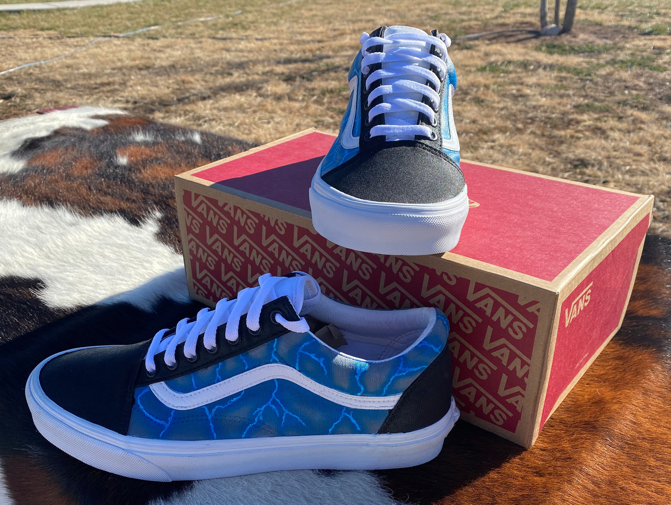 Custom Blue Lightning Vans Etsy