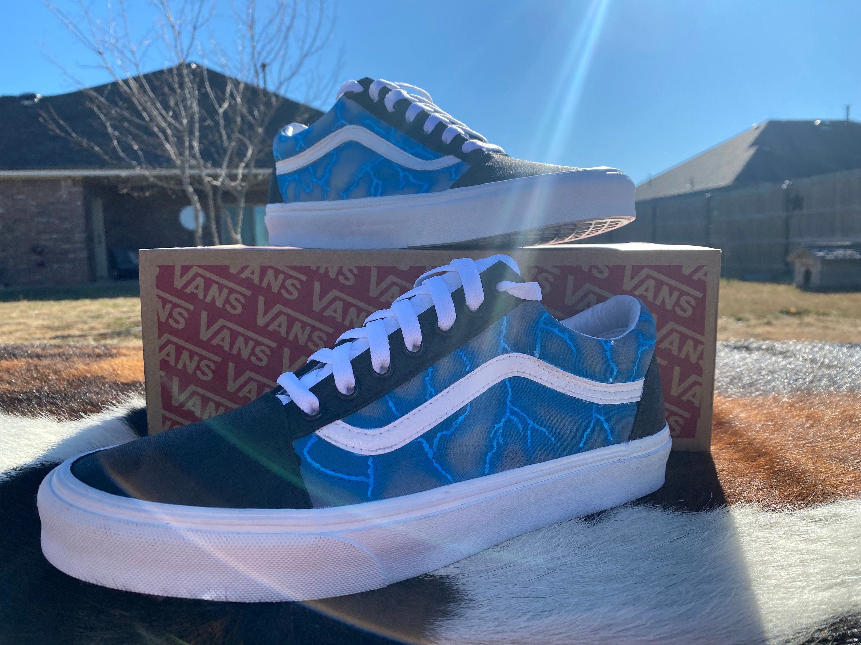 Custom Blue Lightning Vans Etsy