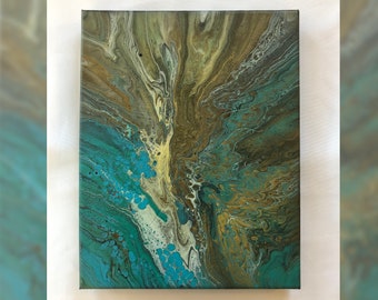Puede incluir: Pintura abstracta sobre lienzo con patrones en espiral en tonos de azul verdoso, marrón y dorado.