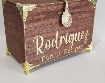 4x6 Family Recipes Box with gold decorative spoon, gold metal corners and gold feet