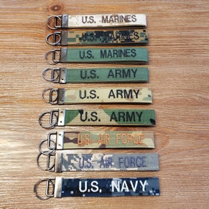Military / Veteran PERSONALIZED Embroidered Keychain / Wristlet, Army, Navy, Marines, and Air Force Camouflage Patterns with Gift Box