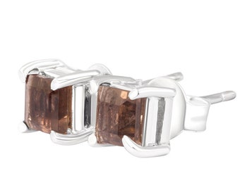 Smoky Quartz Sterling Silver Stud Earrings: Square Cut, Minimalist