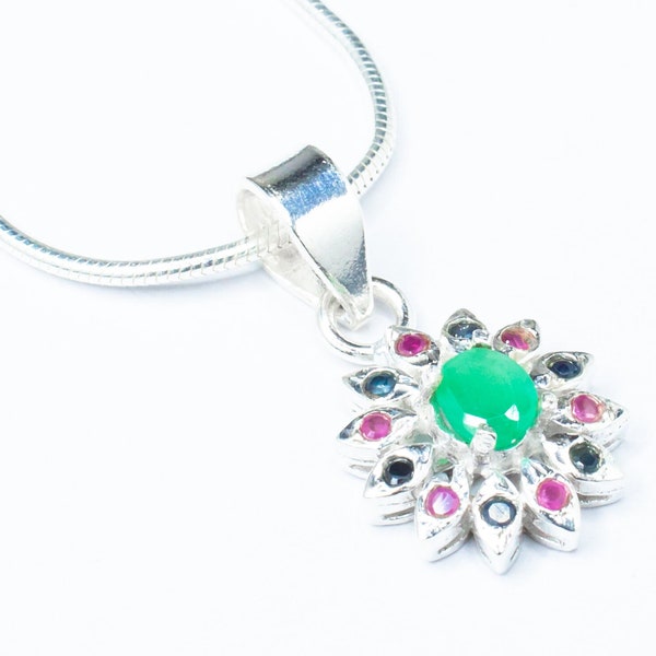 Cut-Stone Flower Shaped Emerald, Ruby & Sapphire Solid 925 Silver Pendant, Gemini Zodiac May Birthstone, Australia