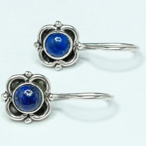 Blue Lapis Gemstone Oxidized Silver Spring Flower Latch-Back Earrings