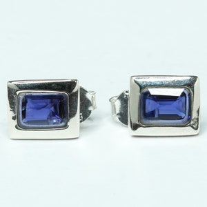 Rectangular Genuine Iolite Gems Solid 925 Sterling SILVER Stud Earrings