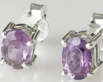 Amethyst stud earrings, Purple gemstone oval silver studs, minimalist stud earrings, prong setting stud, simple diamond cut studs, Australia