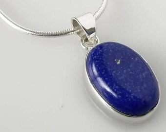 Genuine Blue LAPIS LAZULI Solid 925 Sterling SILVER Simple Oval Pendant