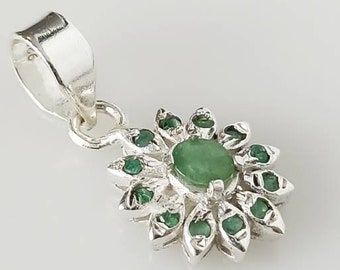 Genuine EMERALD SOLID 925 SILVER Blooming Flower Pendant, Green Emerald Gems Spring Flower Pendant, Taurus Zodiac May Birthstone, Australia