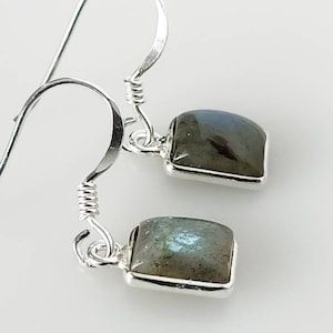 May include: A pair of silver dangle earrings featuring square-shaped labradorite gemstones. The earrings have a simple design and are a great addition to any jewellery collection.